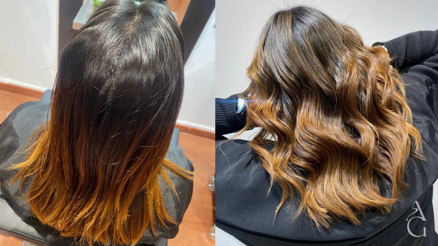 Antes (izquierda) y después (derecha): corrección de color: de tonos naranjas a balayage caramelo