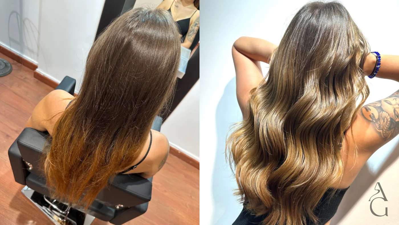 Antes (izquierda) y después (derecha): balayage castaño con ondas